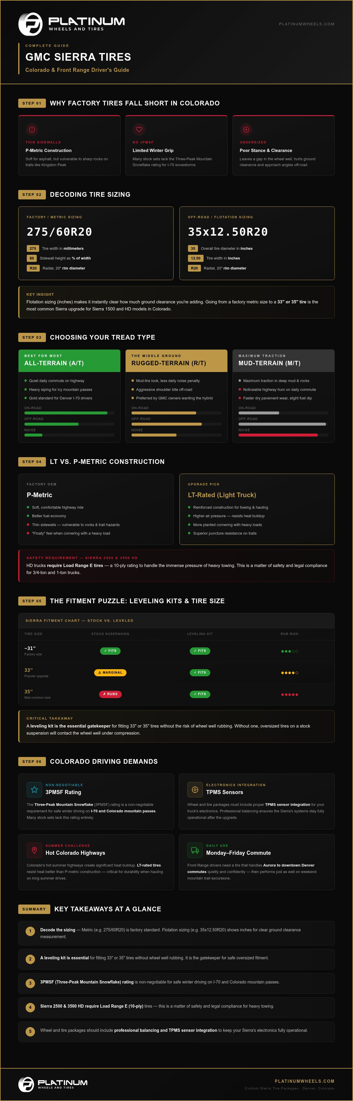 Best GMC Sierra Tires for Denver Off-Roading & Snow infographic
