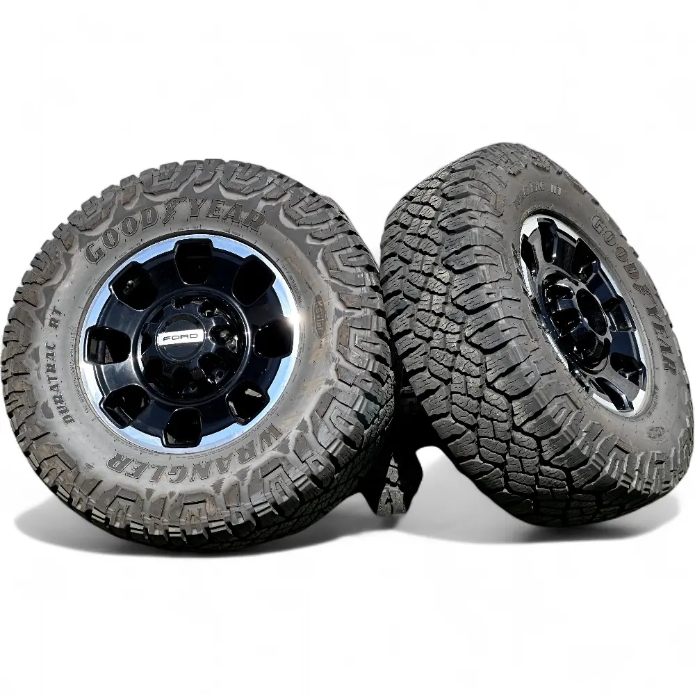 Ford + Goodyear Ford 8 Spoke Black Machined 18x8.0 Wheels 8x170 Rims with Goodyear Wrangler DuraTrac RT 35x12.50r18 Tires Wheel & Tire Package - View 2