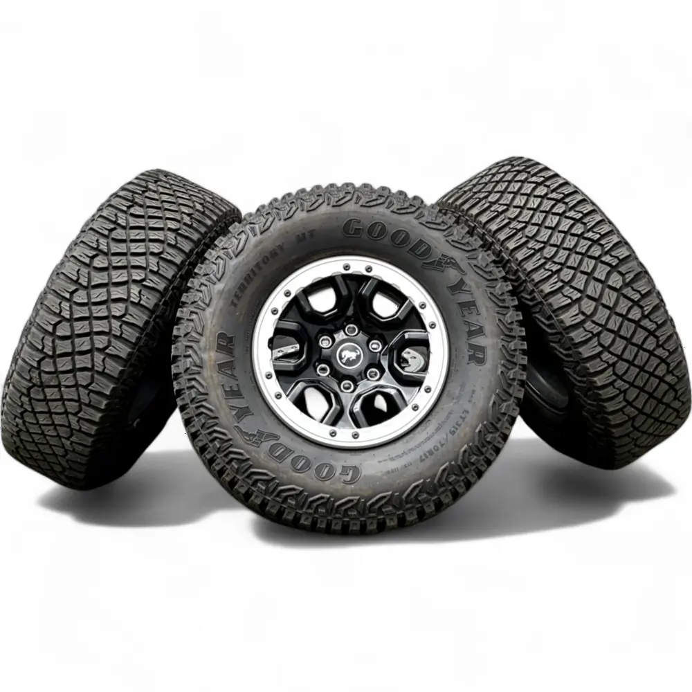 Ford 6 Spoke Powder Coat Black 17x8.5 Wheels 6x139.7 Rims with Goodyear Wrangler Territory MT 315/70R17 Tires Ford + Goodyear Ford 6 Spoke Powder Coat Black 17x8.5 Wheels 6x139.7 Rims with Goodyear Wrangler Territory MT 315/70R17 Tires Wheel & Tire Package