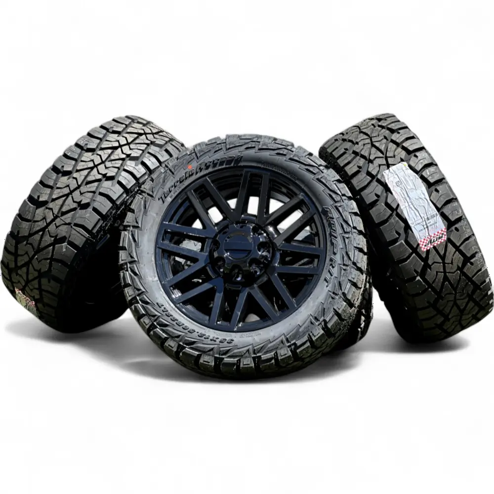 Replica + AMP 22" Ford F250 Wheels Replica F08 Gloss Black 8x170 Rims with AMP Terrain Attack R/T 35X12.50R22LT Tires 12ply Wheel & Tire Package - View 5