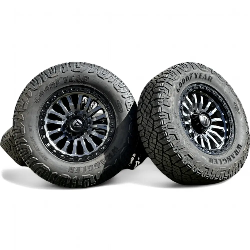 fuel + Goodyear Fuel Rincon matte Gunmetal with Black Ring 20x9.0 Wheels 8x170 Rims with Goodyear Wrangler DuraTrac RT 37x12.50R20 Tires Wheel & Tire Package - View 2