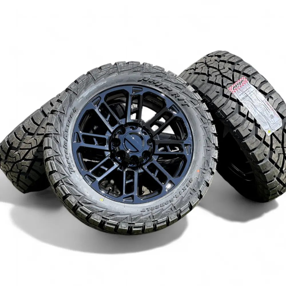 Replica + AMP Replica F09 Black 22x9.0 Wheels 8x170 Rims with AMP Terrain Attack R/T 35X12.50R22LT Tires Wheel & Tire Package - View 6