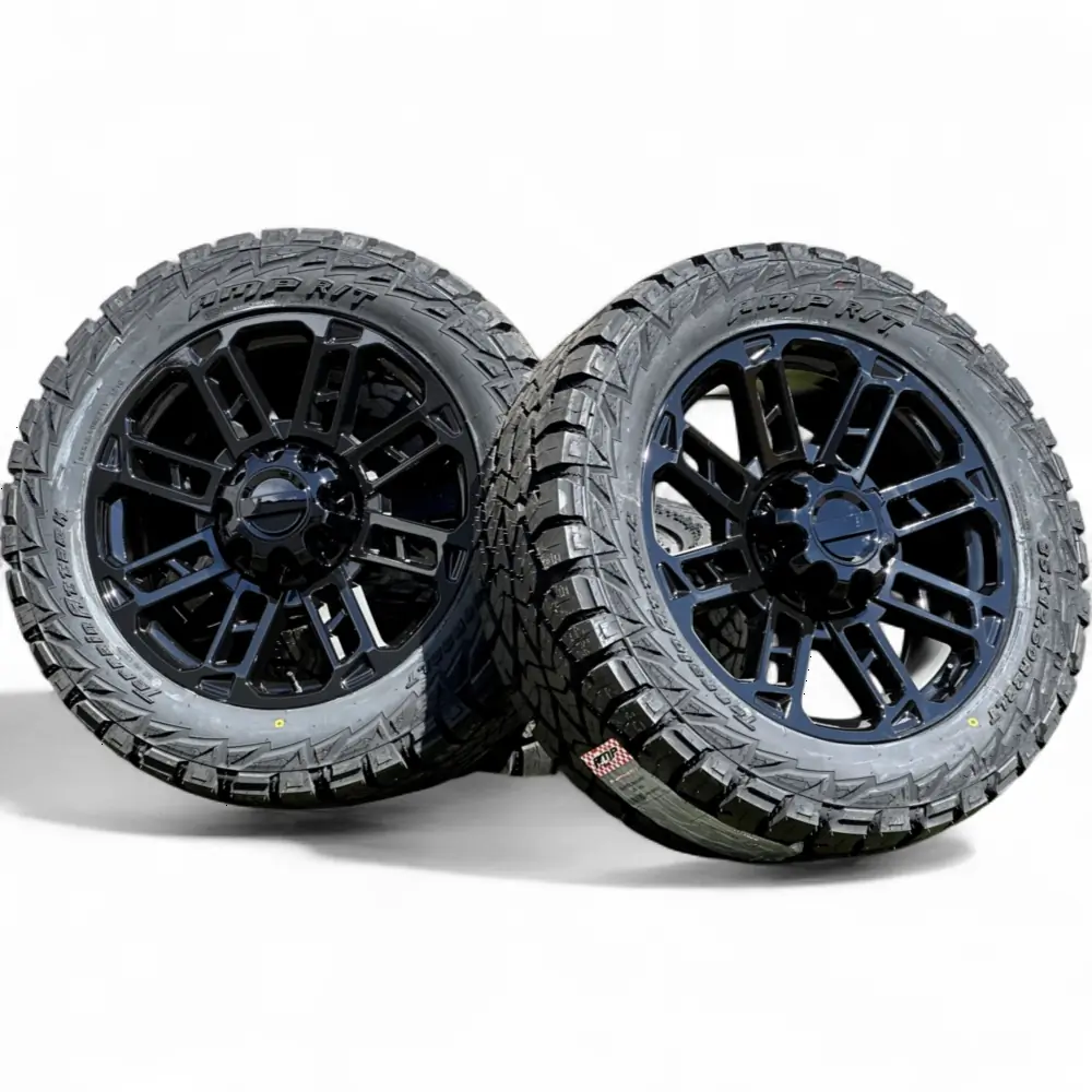 Replica + AMP Replica F09 Black 22x9.0 Wheels 8x170 Rims with AMP Terrain Attack R/T 35X12.50R22LT Tires Wheel & Tire Package - View 4