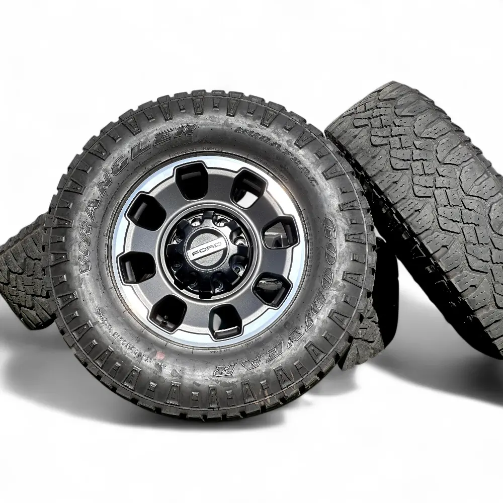Ford + Goodyear Ford 8 Spoke Grey Machined 18x8.0 Wheels 8x170 Rims with Goodyear Wrangler DuraTrac 285/75R18 Tires Wheel & Tire Package - View 4