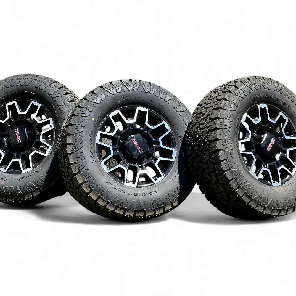 GMC + AMP GMC 8 Split Spoke Black Machined 18x9.0 Wheels 8x180 Rims with AMP Terrain Pro A/T LT325/65R18 Tires Wheel & Tire Package - View 5