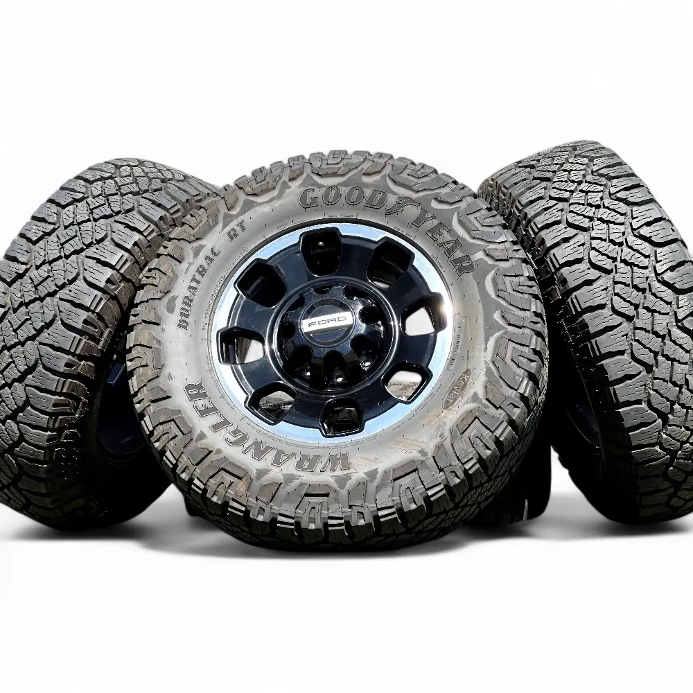 Ford + Goodyear - Ford 8 Spoke Black Machined 18x8.0 Wheels 8x170 Rims with Goodyear Wrangler DuraTrac RT 35x12.50r18 Tires - package - 18.0" diameter - 8x170