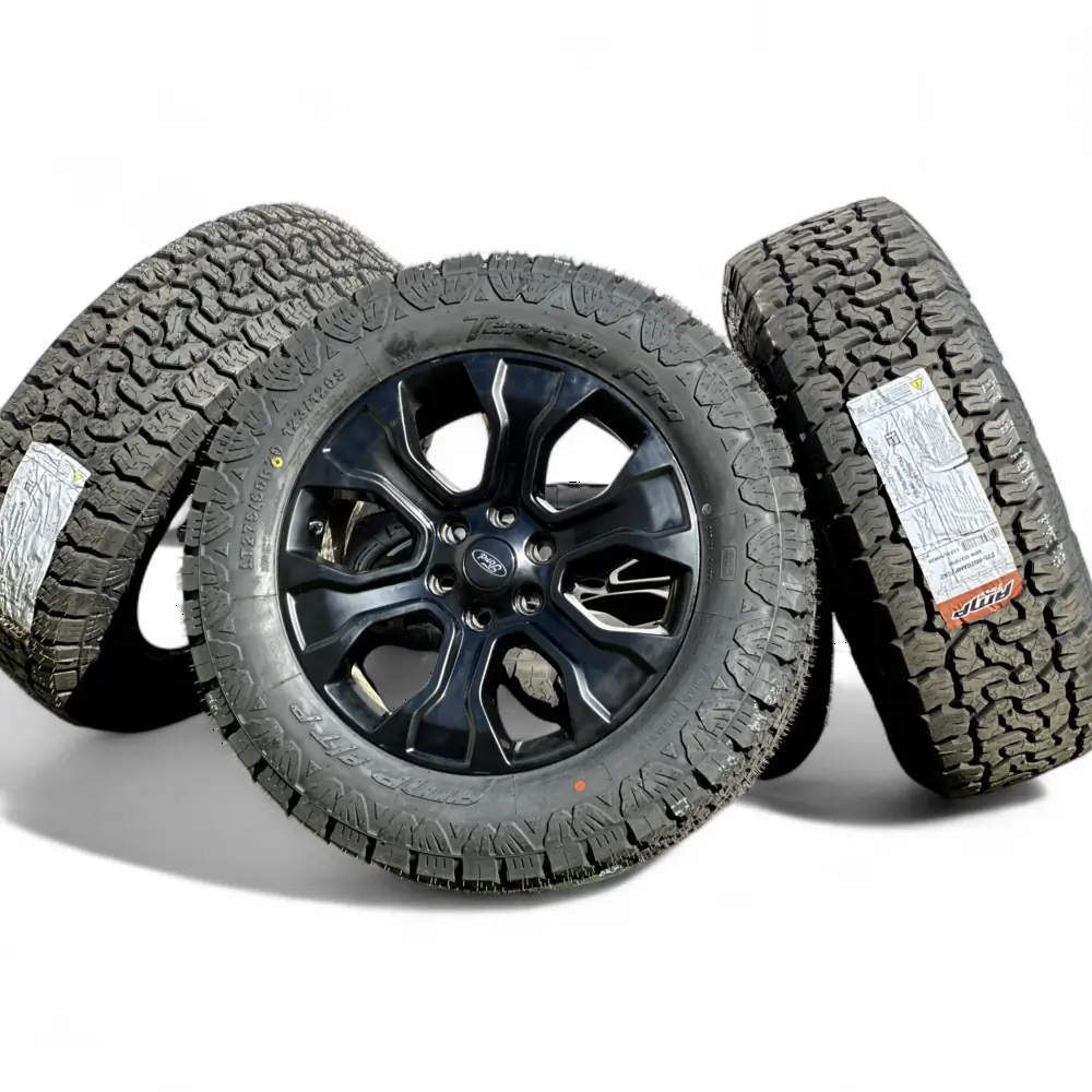 Ford + AMP - Ford 6 Spoke Powder Coat Black 20x8.5 Wheels 6x135 Rims with AMP Terrain Pro A/T LT275/60R20 Tires - package - 20.0" diameter - 6x135