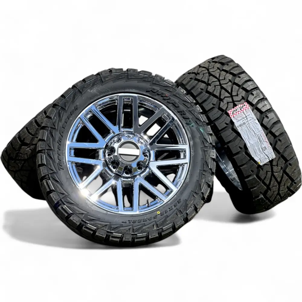 Replica + AMP Replica F08 Chrome 22x9.0 Wheels 8x170 Rims with AMP Terrain Attack R/T 35X12.50R22LT Tires Wheel & Tire Package - View 6