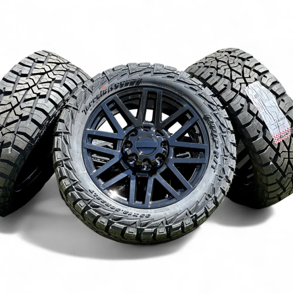 Replica + AMP - 22" Ford F250 Wheels Replica F08 Gloss Black 8x170 Rims with AMP Terrain Attack R/T 35X12.50R22LT Tires 12ply - package - 22.0" diameter - 8x170