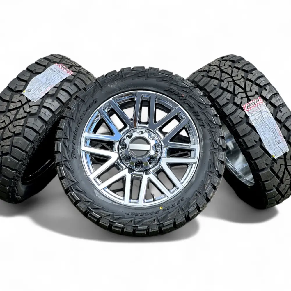 Replica + AMP Replica F08 Chrome 22x9.0 Wheels 8x170 Rims with AMP Terrain Attack R/T 35X12.50R22LT Tires Wheel & Tire Package - View 2