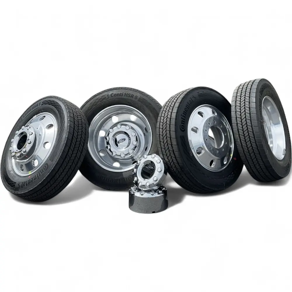 Ford + Continental Ford 8 Hole Polished 19.5x6 Wheels 10x225 Rims with Continental Conti HSR 5 225/70R19.5 Tires Wheel & Tire Package - View 2