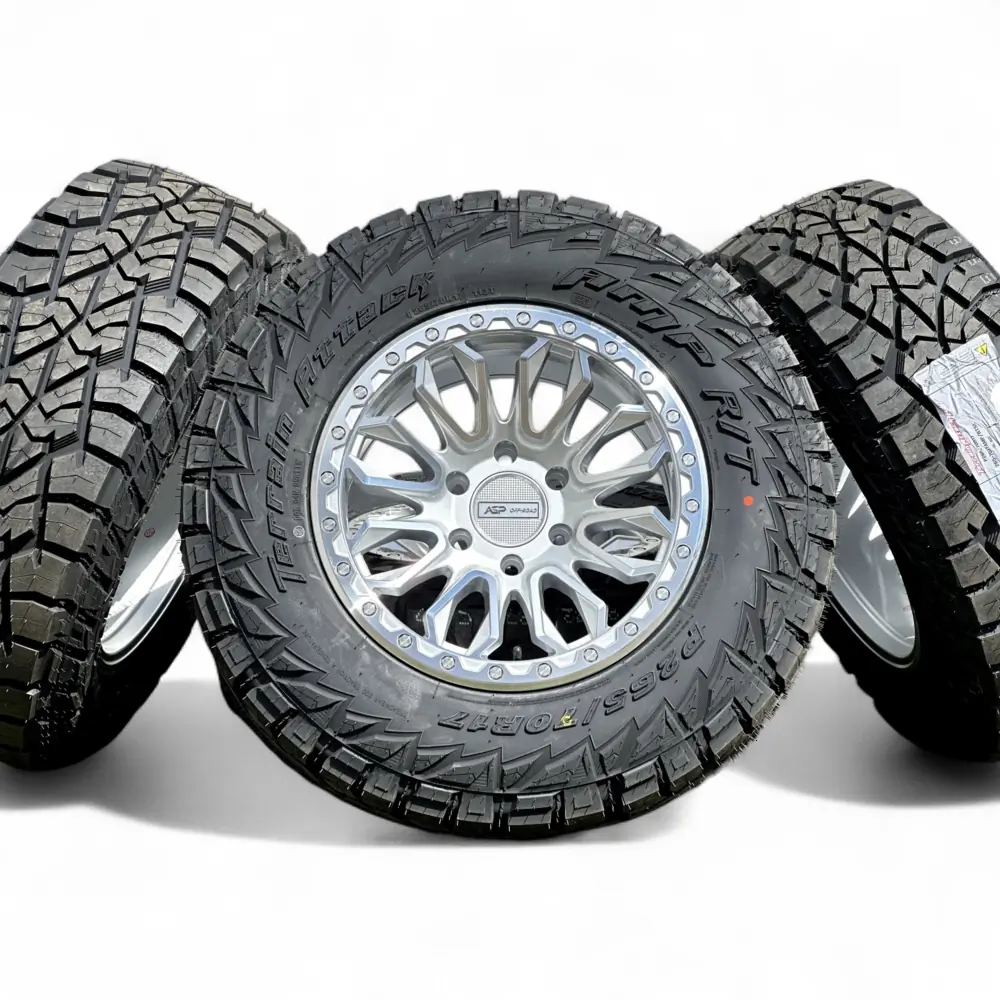 AGP + AMP AGP 304 Silver Machined 17x9.0 Wheels 6x139.7 Rims with AMP Terrain Attack R/T P265/70R17 Tires Wheel & Tire Package - View 6