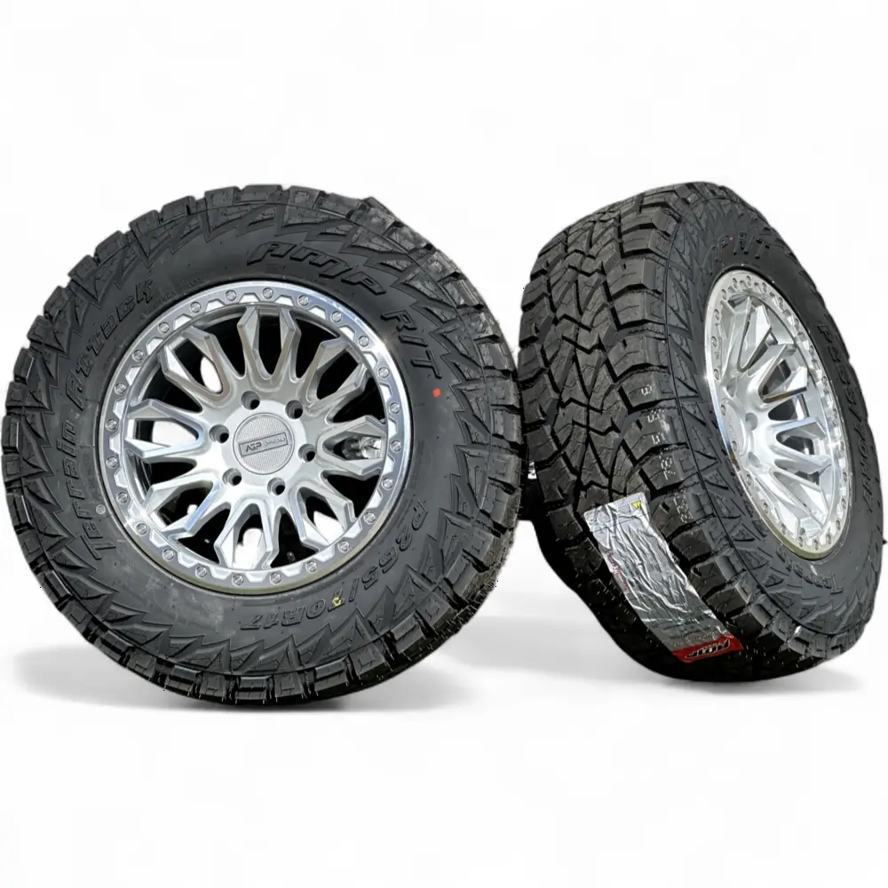 AGP + AMP AGP 304 Silver Machined 17x9.0 Wheels 6x139.7 Rims with AMP Terrain Attack R/T P265/70R17 Tires Wheel & Tire Package - View 2