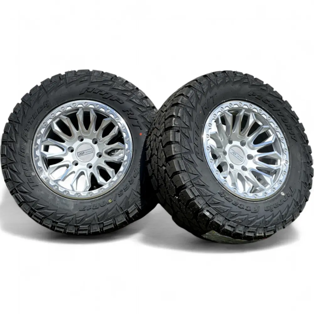 AGP + AMP AGP 304 Silver Machined 17x9.0 Wheels 6x139.7 Rims with AMP Terrain Attack R/T P265/70R17 Tires Wheel & Tire Package - View 4