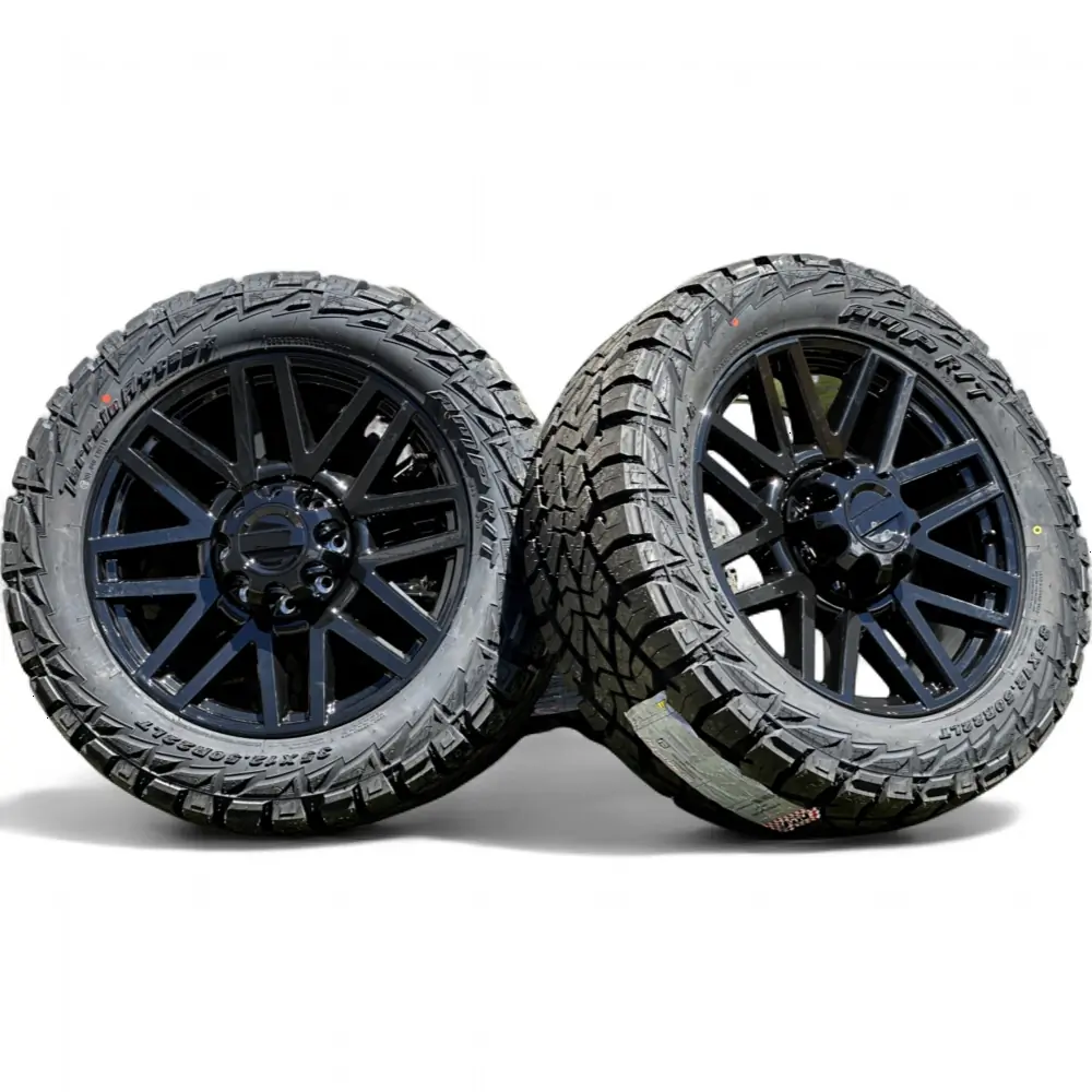 Replica + AMP 22" Ford F250 Wheels Replica F08 Gloss Black 8x170 Rims with AMP Terrain Attack R/T 35X12.50R22LT Tires 12ply Wheel & Tire Package - View 3