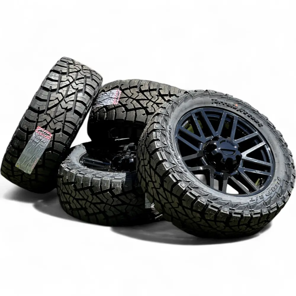 Replica + AMP 22" Ford F250 Wheels Replica F08 Gloss Black 8x170 Rims with AMP Terrain Attack R/T 35X12.50R22LT Tires 12ply Wheel & Tire Package - View 6