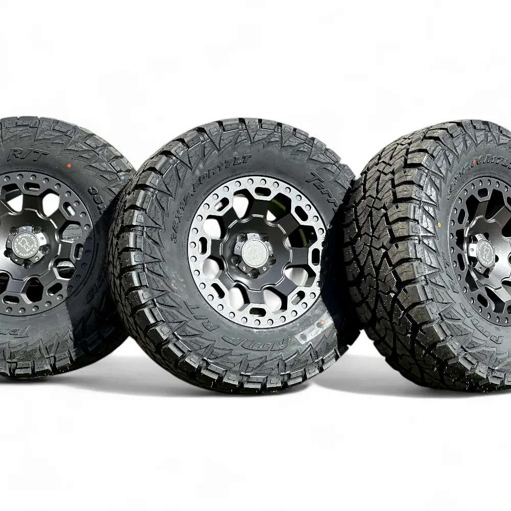 Black Rhino + AMP Black Rhino Warlord Gunmetal 17x9.0 Wheels 5x127 Rims with AMP Terrain Attack R/T 35X12.50R17LT Tires Wheel & Tire Package - View 6