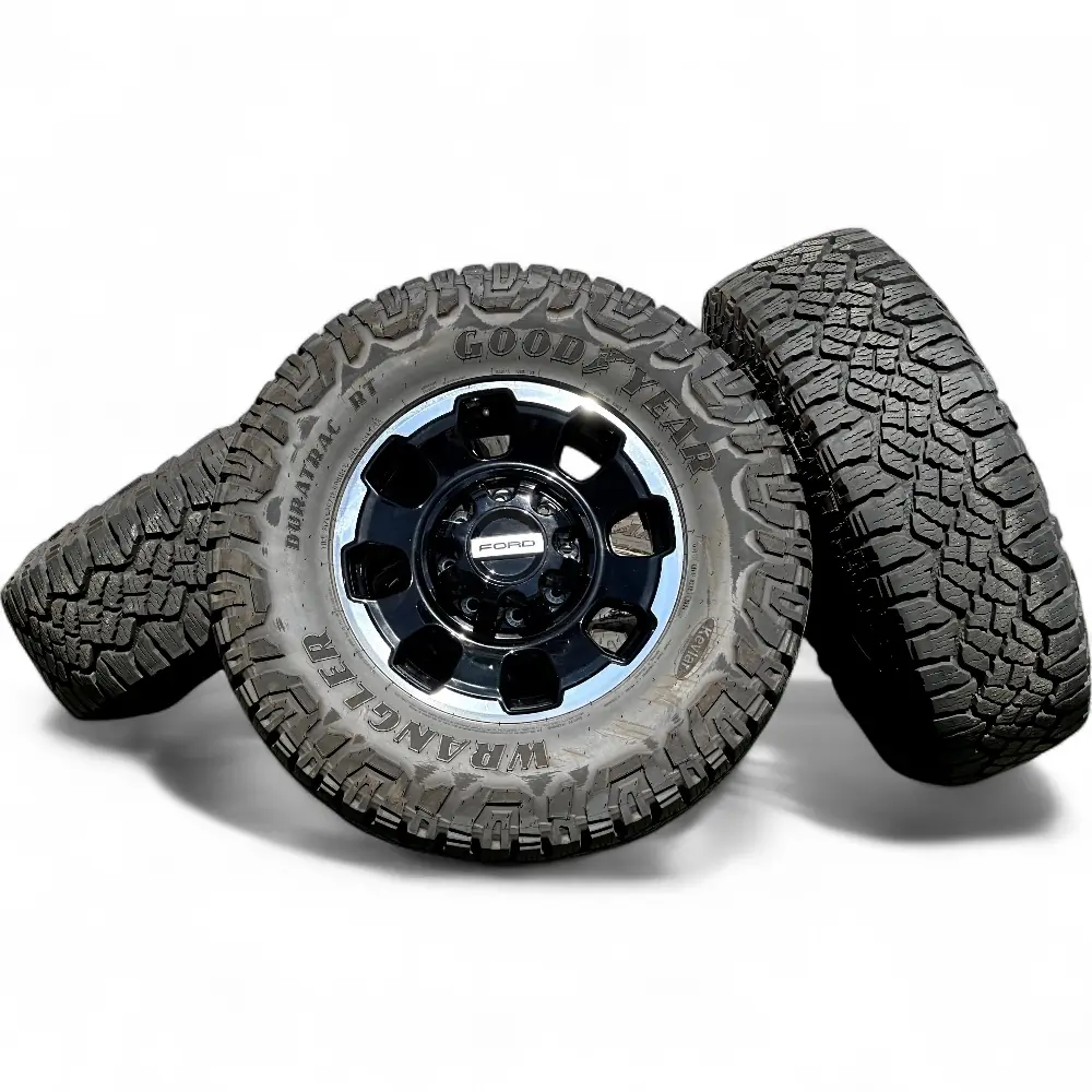 Ford + Goodyear Ford 8 Spoke Black Machined 18x8.0 Wheels 8x170 Rims with Goodyear Wrangler DuraTrac RT 35x12.50r18 Tires Wheel & Tire Package - View 4