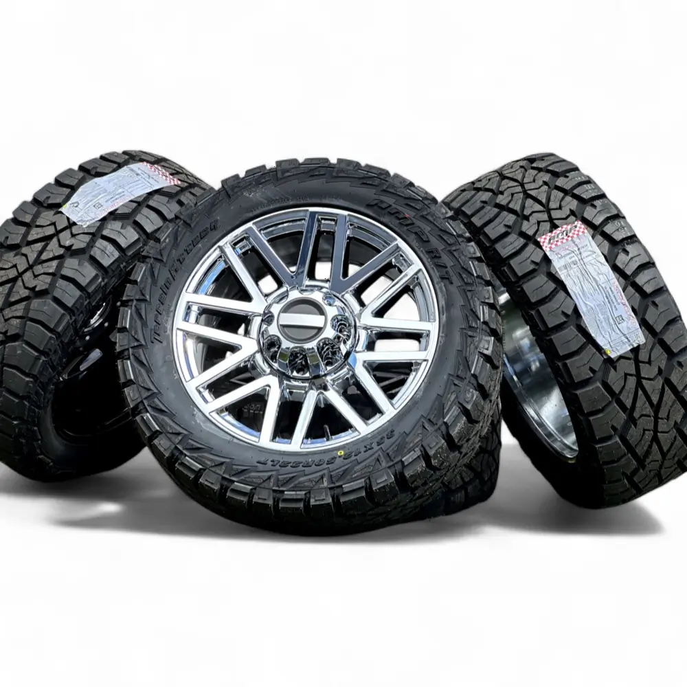 Replica F08 Chrome 22x9.0 Wheels 8x170 Rims with AMP Terrain Attack R/T 35X12.50R22LT Tires Replica + AMP Replica F08 Chrome 22x9.0 Wheels 8x170 Rims with AMP Terrain Attack R/T 35X12.50R22LT Tires Wheel & Tire Package