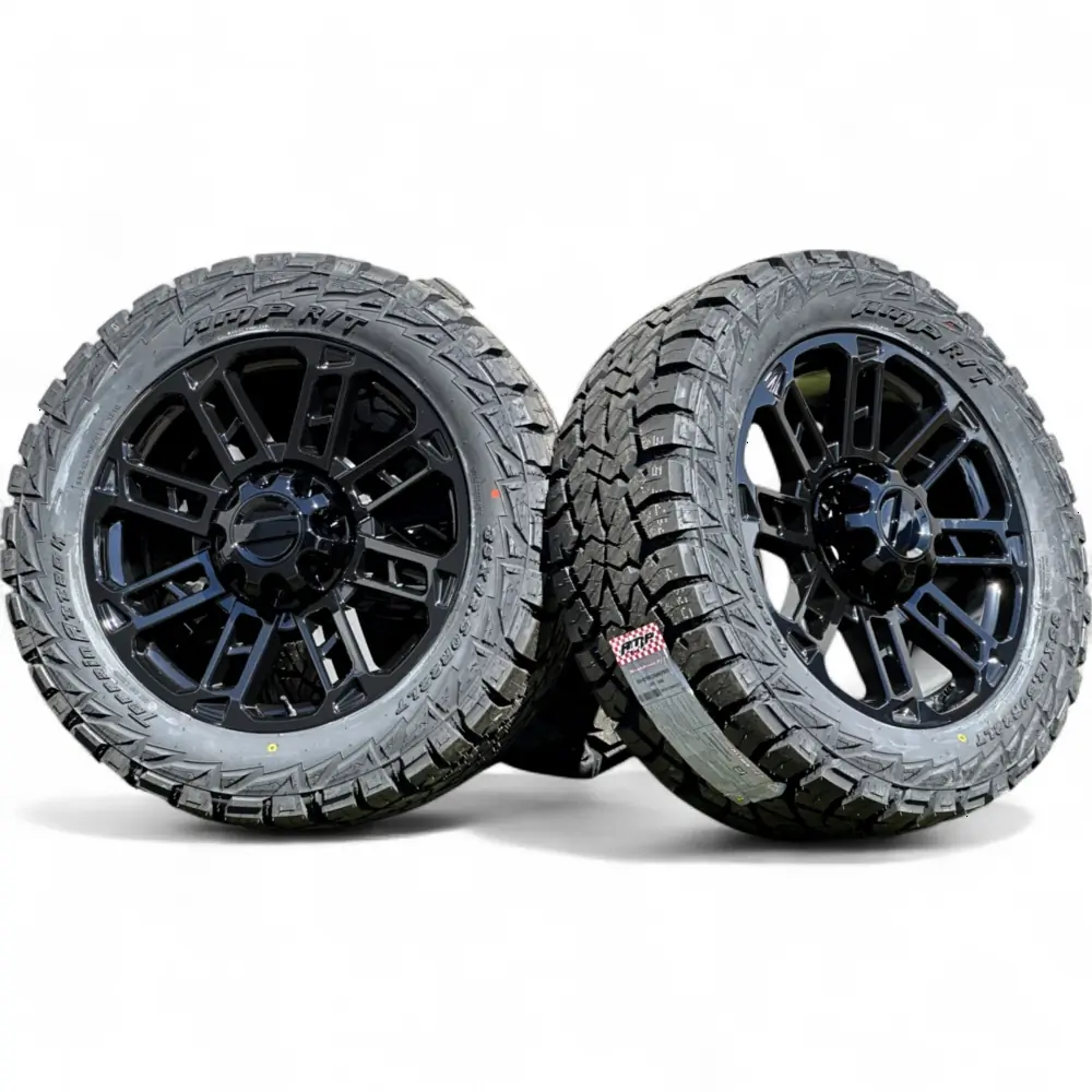 Replica + AMP Replica F09 Black 22x9.0 Wheels 8x170 Rims with AMP Terrain Attack R/T 35X12.50R22LT Tires Wheel & Tire Package - View 5