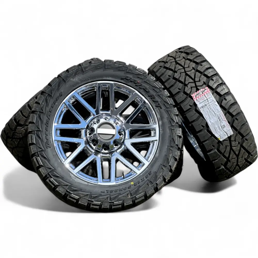 Replica + AMP Replica F08 Chrome 22x9.0 Wheels 8x170 Rims with AMP Terrain Attack R/T 35X12.50R22LT Tires Wheel & Tire Package - View 4