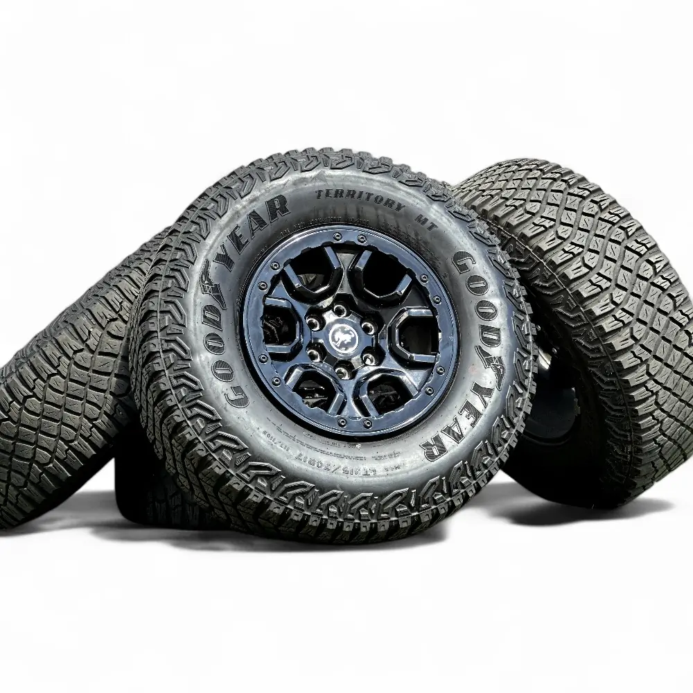 Ford + Goodyear Ford 6 Spoke Powder Coat Black 17x8.5 Wheels 6x139.7 Rims with Goodyear Wrangler Territory MT 315/70R17 Tires Wheel & Tire Package - View 2