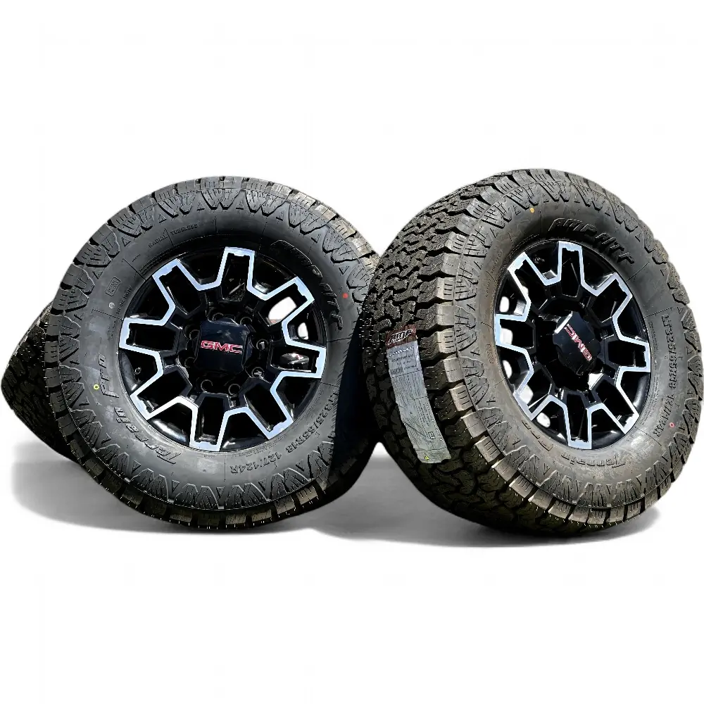 GMC + AMP GMC 8 Split Spoke Black Machined 18x9.0 Wheels 8x180 Rims with AMP Terrain Pro A/T LT325/65R18 Tires Wheel & Tire Package - View 2