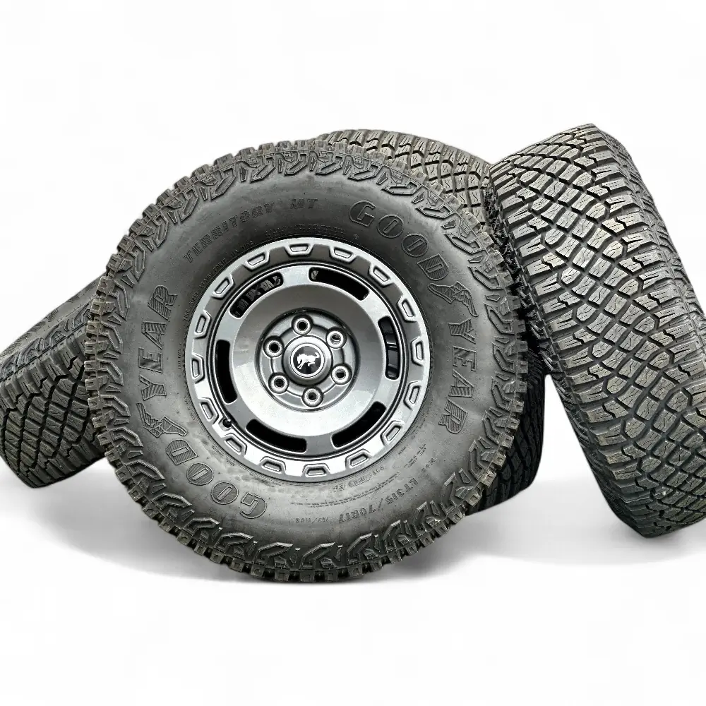 Ford + Goodyear Ford 6 Slot Powder Coat Charcoal 17x8.5 Wheels 6x139.7 Rims with Goodyear Wrangler Territory MT 315/70R17 Tires Wheel & Tire Package - View 3