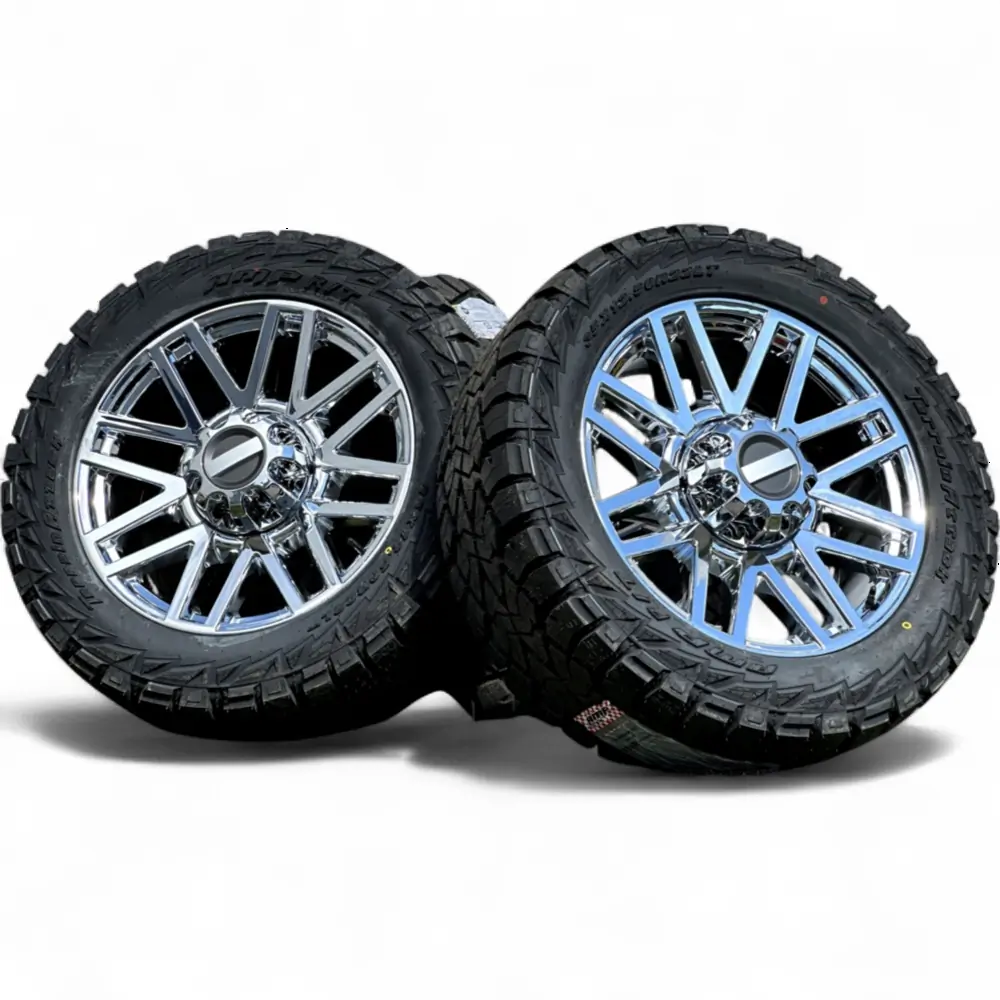 Replica + AMP Replica F08 Chrome 22x9.0 Wheels 8x170 Rims with AMP Terrain Attack R/T 35X12.50R22LT Tires Wheel & Tire Package - View 5