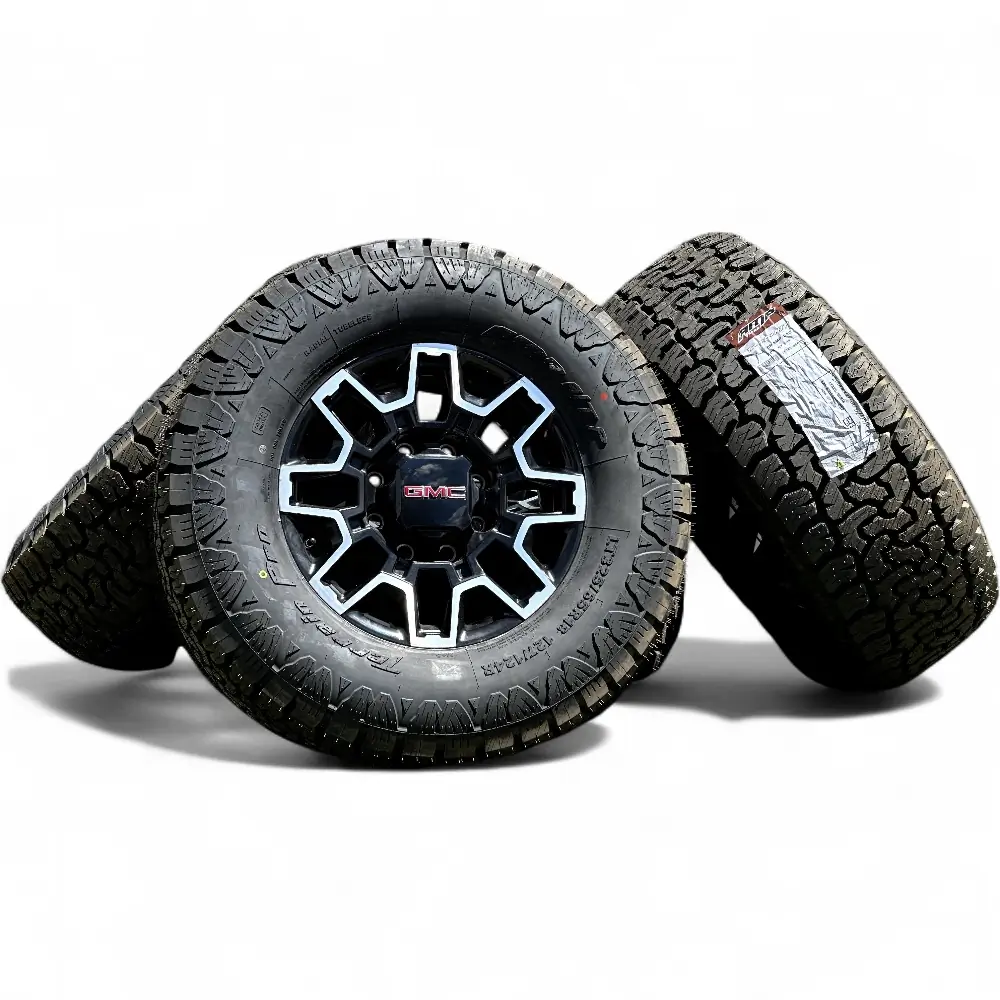 GMC + AMP GMC 8 Split Spoke Black Machined 18x9.0 Wheels 8x180 Rims with AMP Terrain Pro A/T LT325/65R18 Tires Wheel & Tire Package - View 3