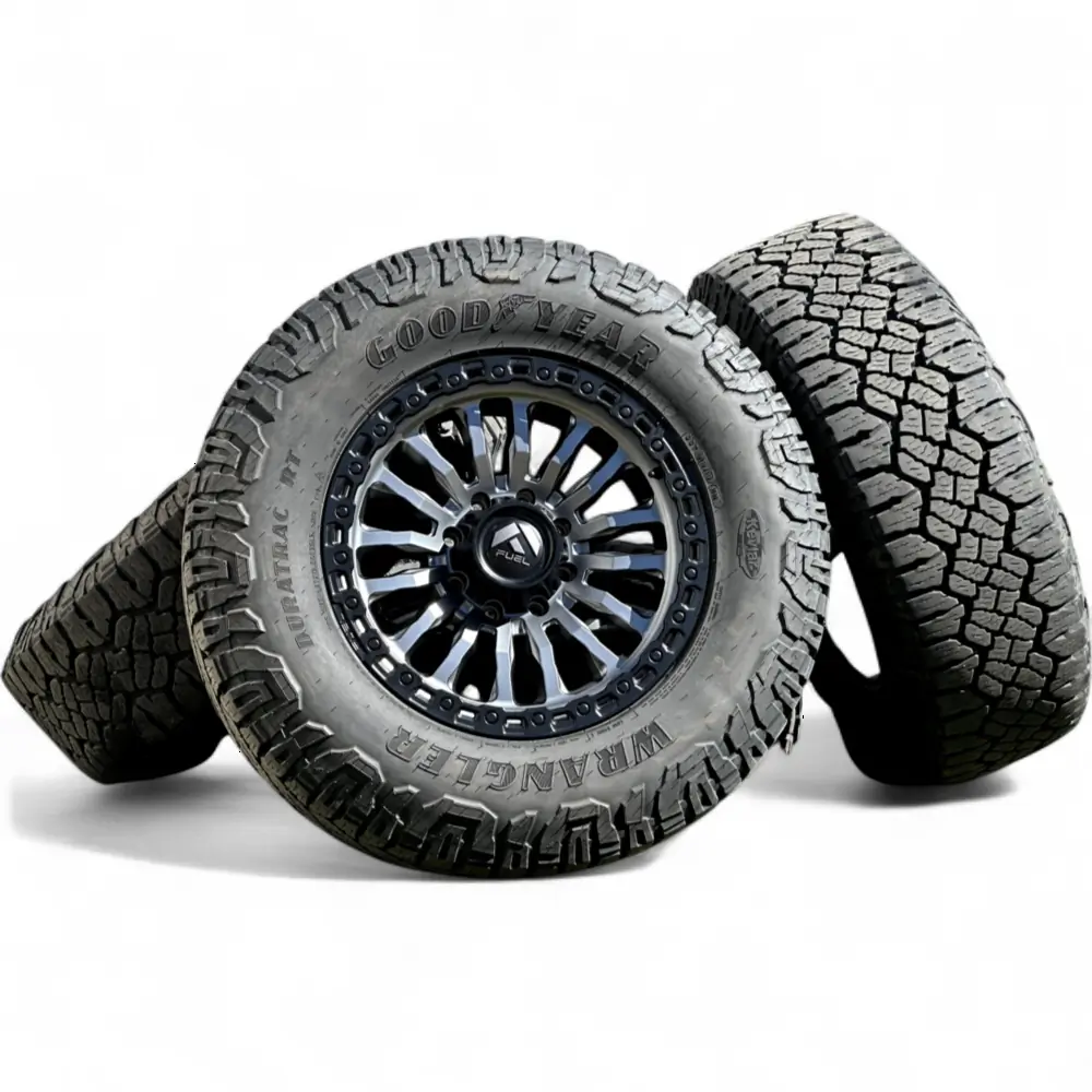 Fuel Rincon matte Gunmetal with Black Ring 20x9.0 Wheels 8x170 Rims with Goodyear Wrangler DuraTrac RT 37x12.50R20 Tires fuel + Goodyear Fuel Rincon matte Gunmetal with Black Ring 20x9.0 Wheels 8x170 Rims with Goodyear Wrangler DuraTrac RT 37x12.50R20 Tires Wheel & Tire Package
