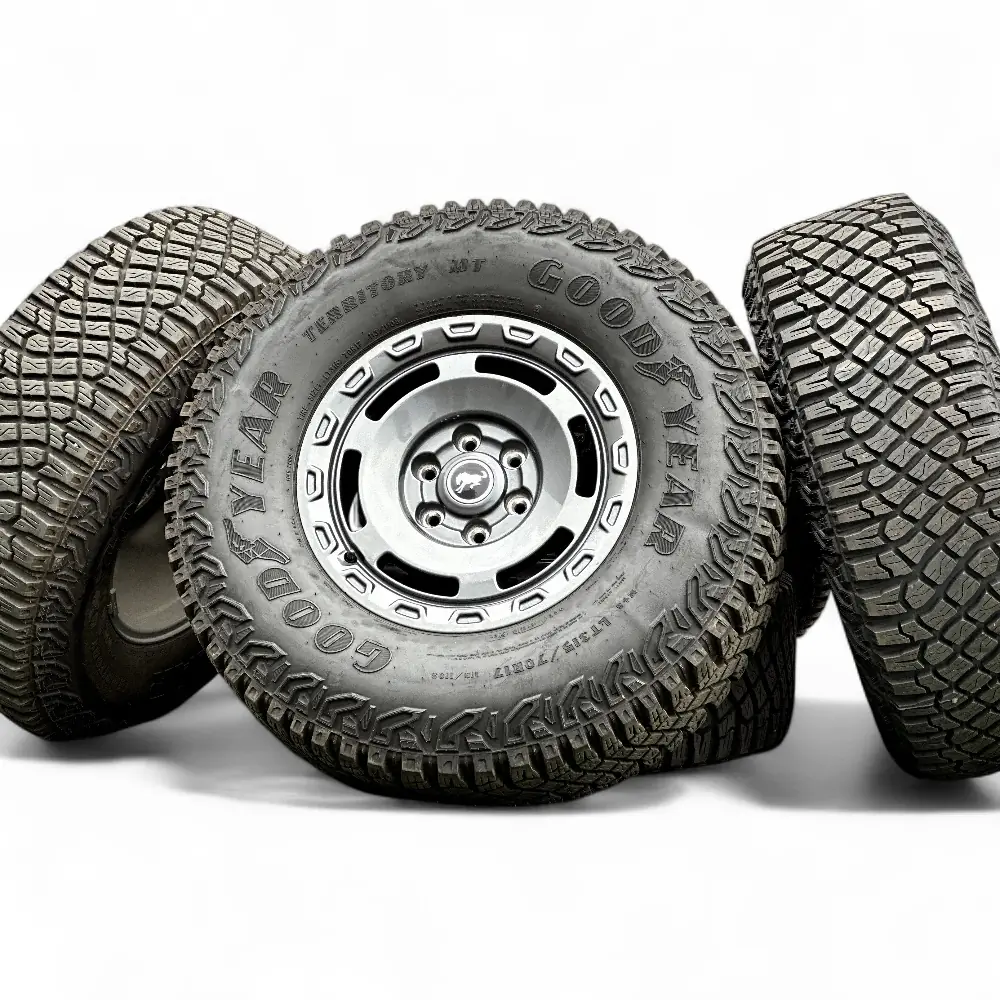 Ford + Goodyear - Ford 6 Slot Powder Coat Charcoal 17x8.5 Wheels 6x139.7 Rims with Goodyear Wrangler Territory MT 315/70R17 Tires - package - 17.0" diameter - 6x139.7