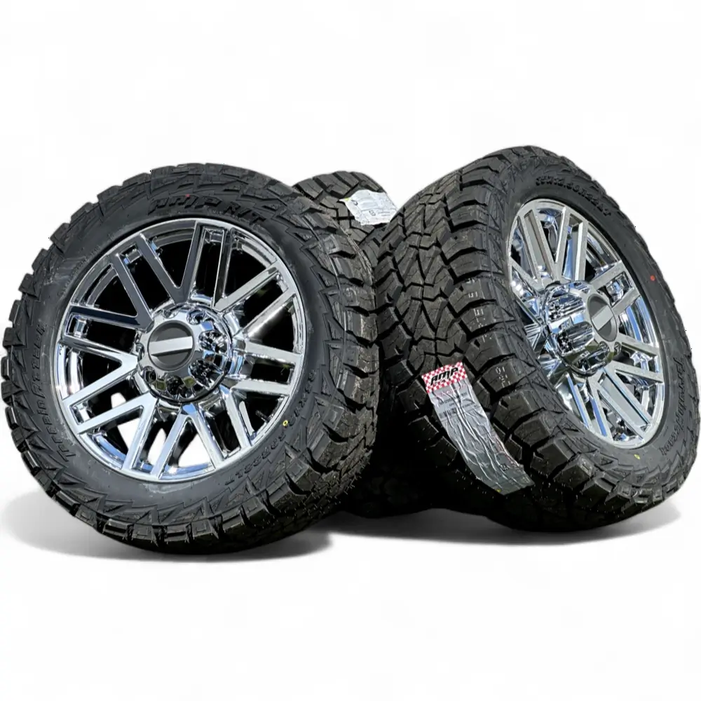 Replica + AMP Replica F08 Chrome 22x9.0 Wheels 8x170 Rims with AMP Terrain Attack R/T 35X12.50R22LT Tires Wheel & Tire Package - View 3