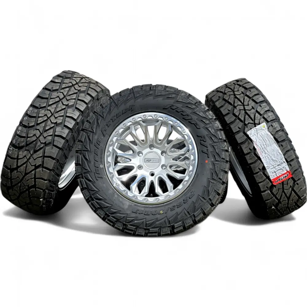 AGP 304 Silver Machined 17x9.0 Wheels 6x139.7 Rims with AMP Terrain Attack R/T P265/70R17 Tires AGP + AMP AGP 304 Silver Machined 17x9.0 Wheels 6x139.7 Rims with AMP Terrain Attack R/T P265/70R17 Tires Wheel & Tire Package