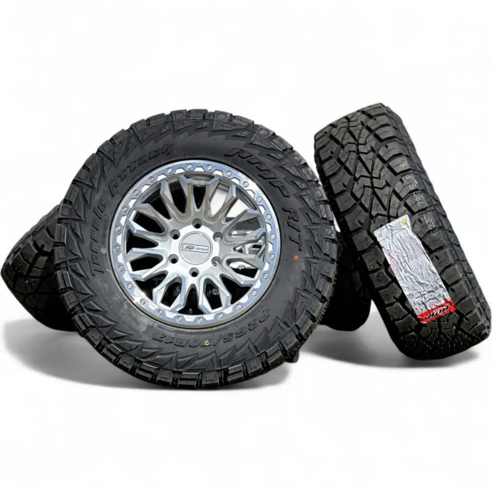 AGP + AMP AGP 304 Silver Machined 17x9.0 Wheels 6x139.7 Rims with AMP Terrain Attack R/T P265/70R17 Tires Wheel & Tire Package - View 3