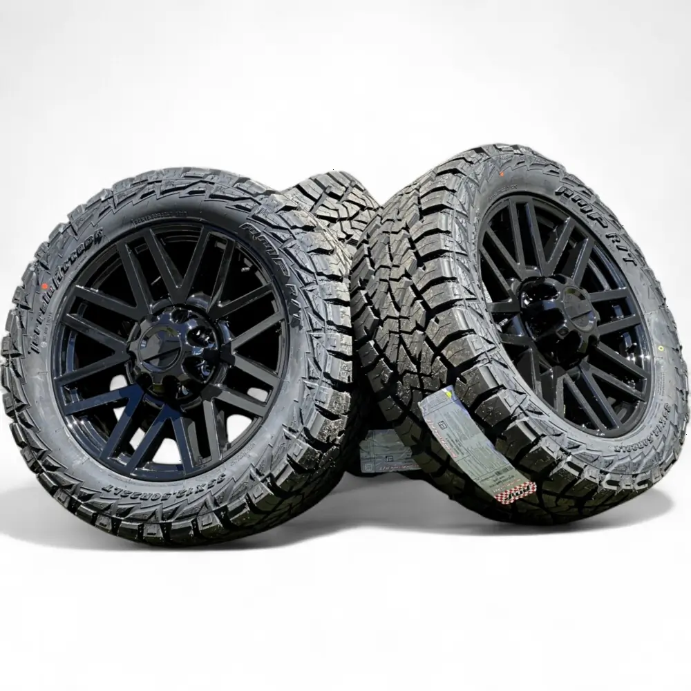 Replica + AMP 22" Ford F250 Wheels Replica F08 Gloss Black 8x170 Rims with AMP Terrain Attack R/T 35X12.50R22LT Tires 12ply Wheel & Tire Package - View 2