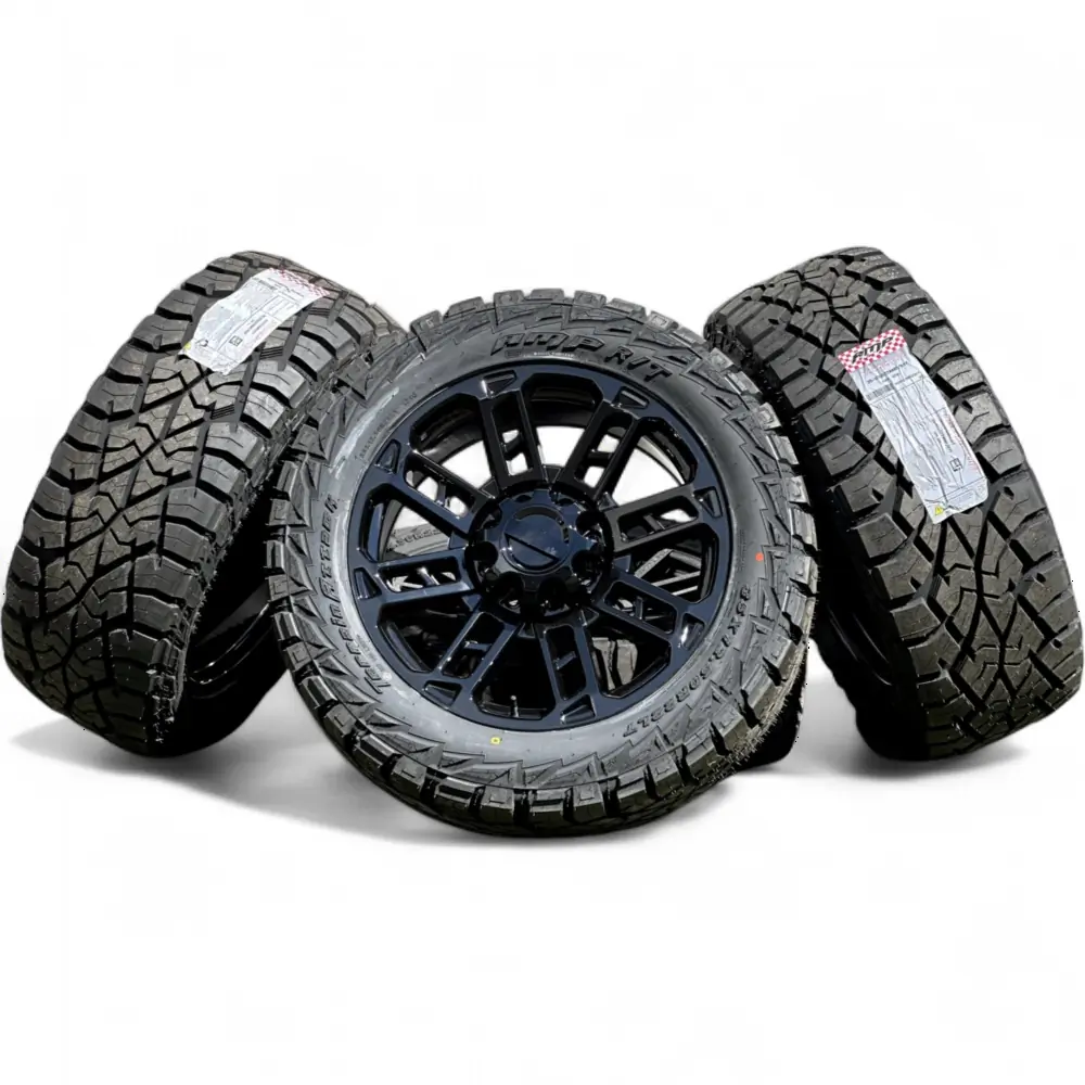 Replica + AMP Replica F09 Black 22x9.0 Wheels 8x170 Rims with AMP Terrain Attack R/T 35X12.50R22LT Tires Wheel & Tire Package - View 2