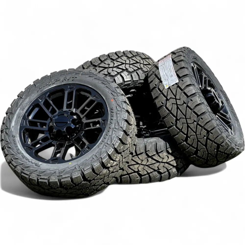 Replica + AMP Replica F09 Black 22x9.0 Wheels 8x170 Rims with AMP Terrain Attack R/T 35X12.50R22LT Tires Wheel & Tire Package - View 3
