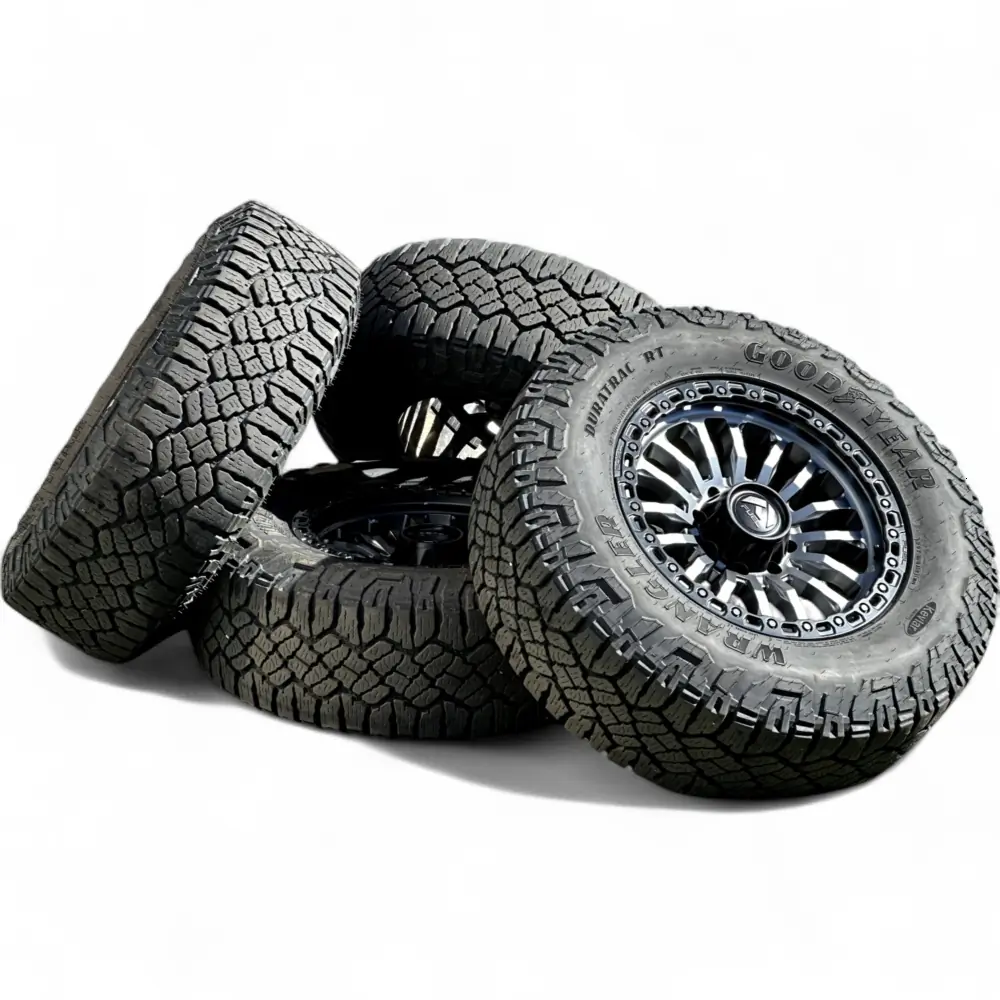 fuel + Goodyear Fuel Rincon matte Gunmetal with Black Ring 20x9.0 Wheels 8x170 Rims with Goodyear Wrangler DuraTrac RT 37x12.50R20 Tires Wheel & Tire Package - View 3